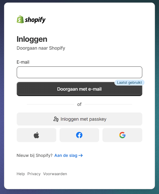 Shopify login scherm