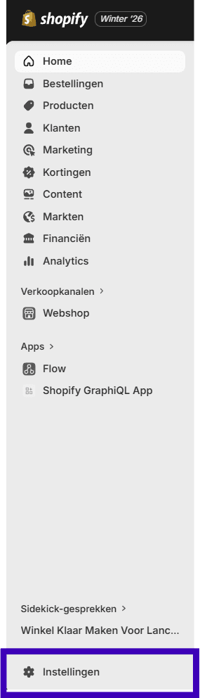 Shopify instellingen menu