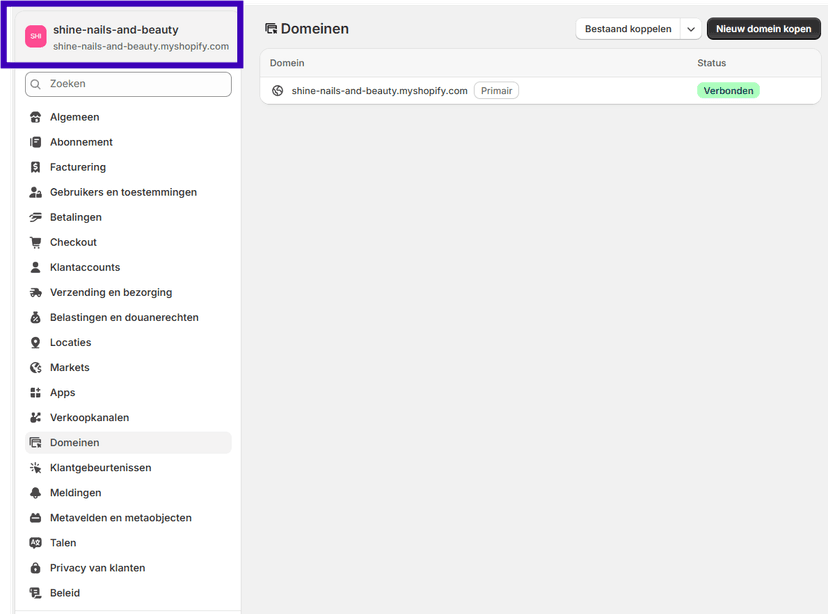 Shopify domeinen pagina